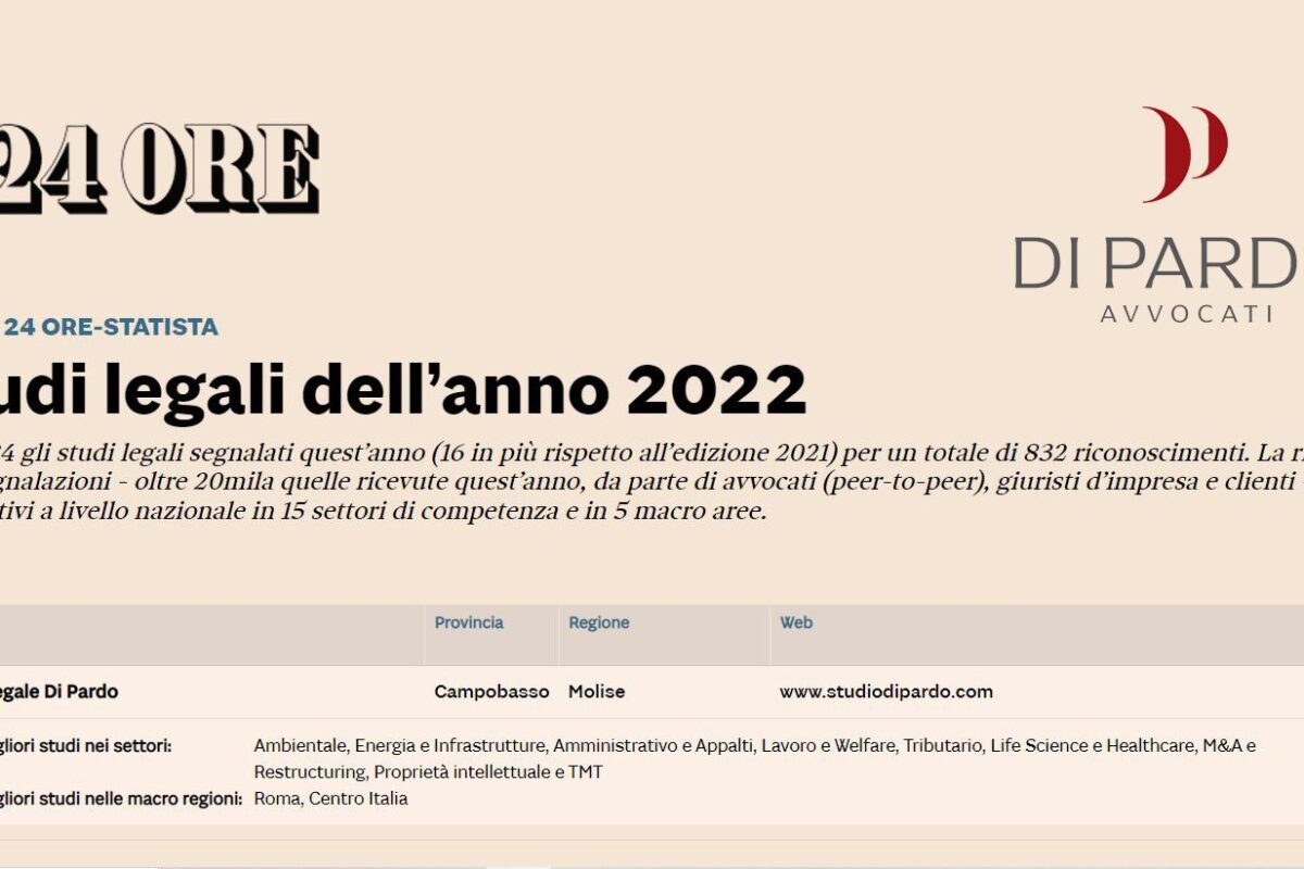Lo Studio Legale Di Pardo è confermato da Il Sole 24 ORE tra gli “Studi legali dell’anno”