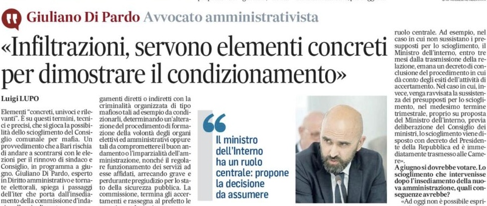 Brevi considerazioni, sul Quotidianodipuglia, sull’avvio del procedimento di scioglimento del Comune di Bari ex art. 143 TUEL. Occorrono elementi concreti, univoci e rilevanti.